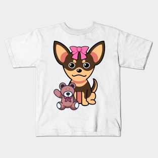 Funny small dog is holding a teddy bear Kids T-Shirt